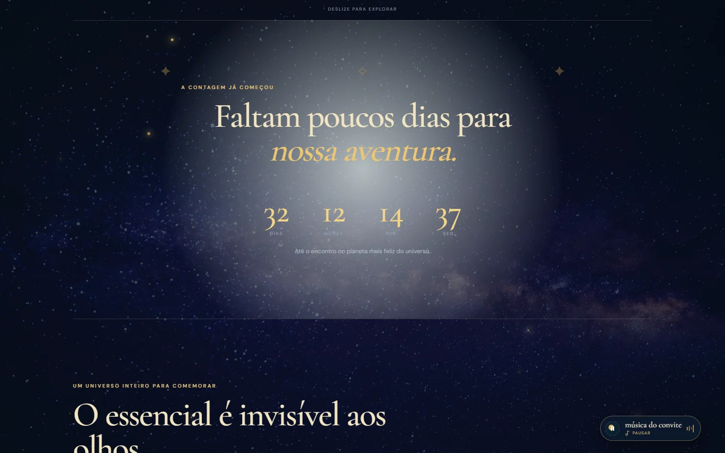 A contagem regressiva, em dias, horas, minutos e segundos, sobre o céu estrelado.