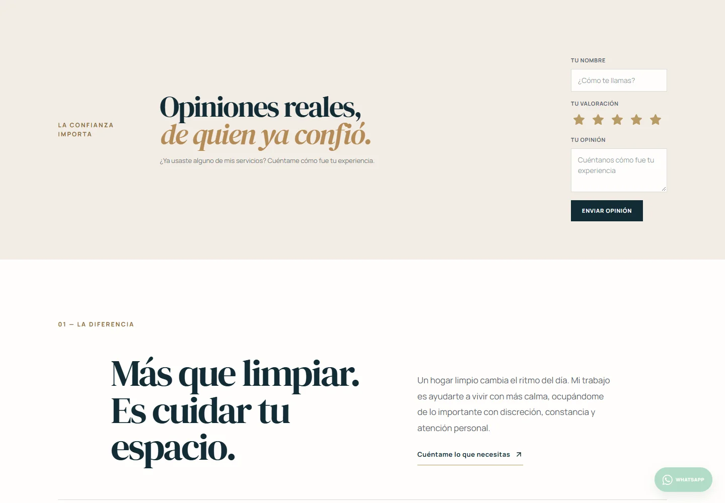 A seção Opiniones reales, de quien ya confió, com um formulário de avaliação (nome, cinco estrelas e um campo de texto) ao lado.