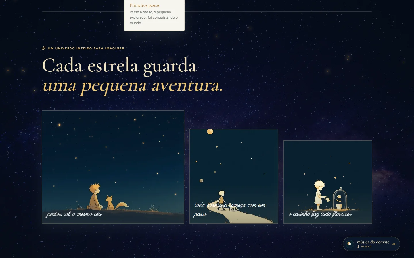 Três ilustrações lado a lado, em tons noturnos, com legendas curtas sob cada uma.