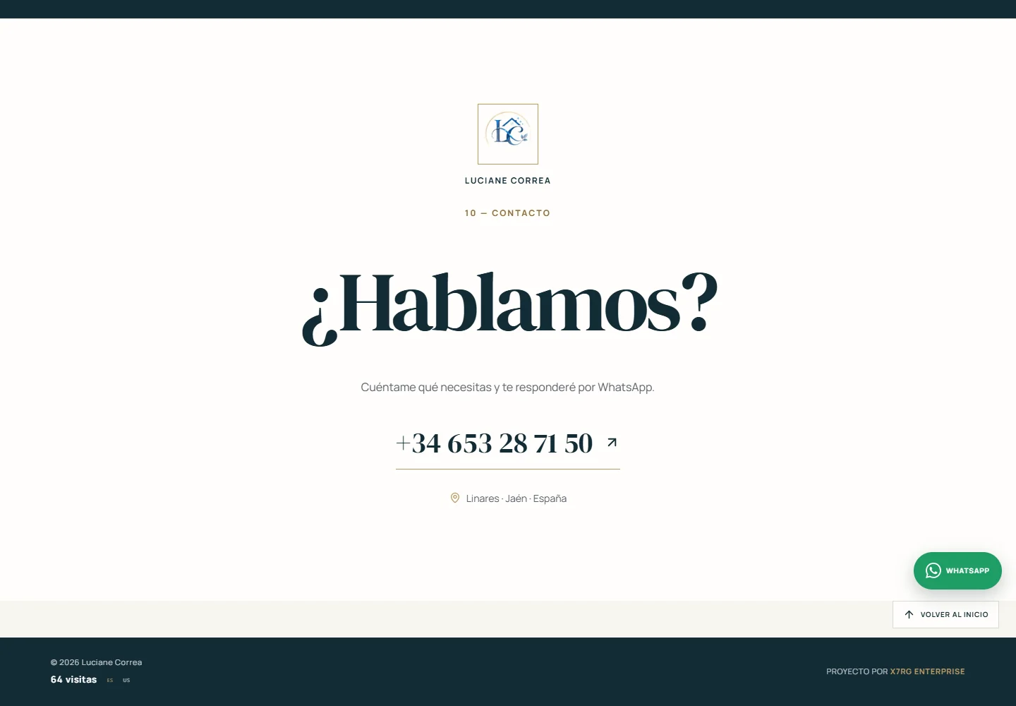 O rodapé do site: ¿Hablamos?, o telefone de contato, a localização e, abaixo, o contador de visitas por país e o crédito x7rG Enterprise.