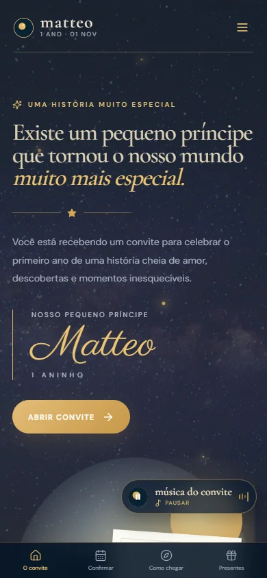 A abertura da experiência no celular: cabeçalho compacto, título e nome em coluna única.