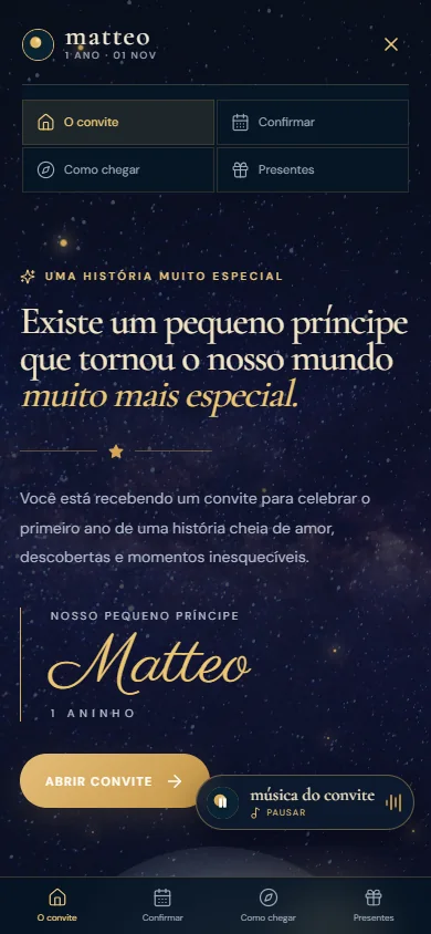 O menu deslizante aberto no celular, com as quatro rotas da experiência.