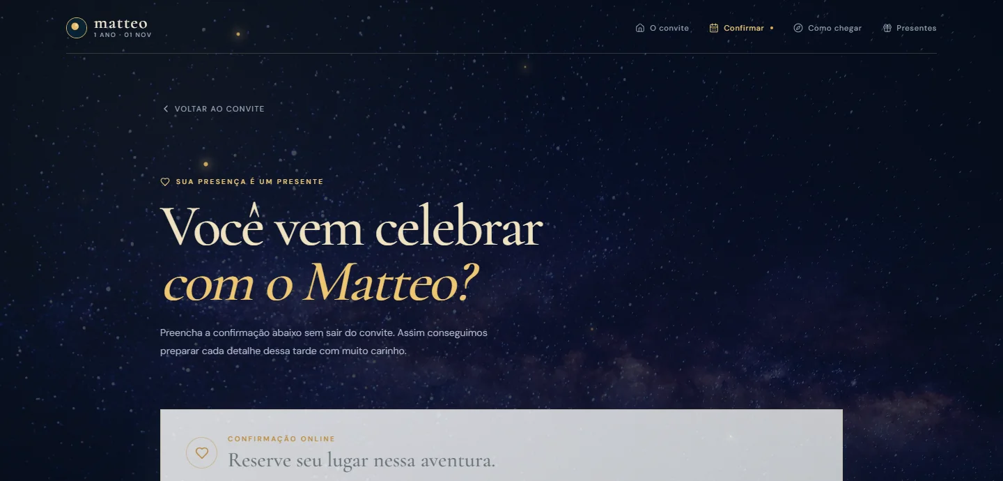 A página de confirmação de presença: título, texto introdutório e o cabeçalho de um cartão de confirmação.