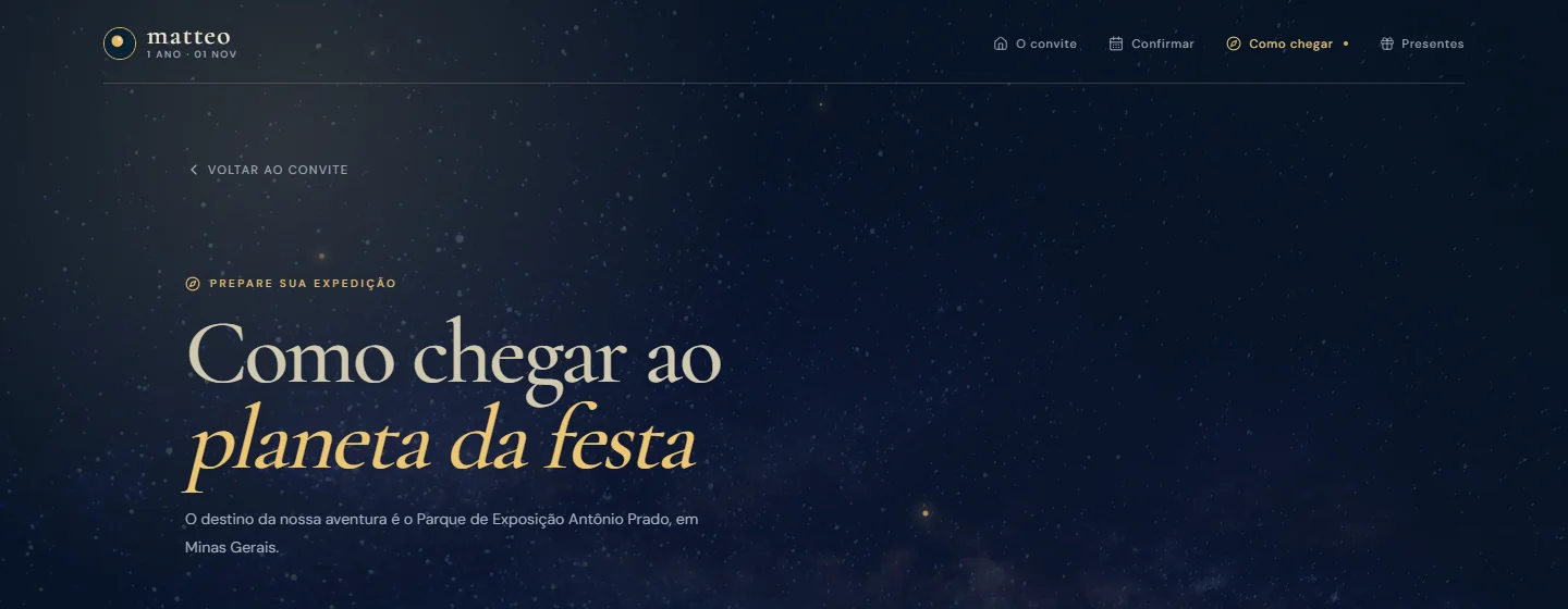 A página de direções: título e texto introdutório mencionando o espaço do evento.