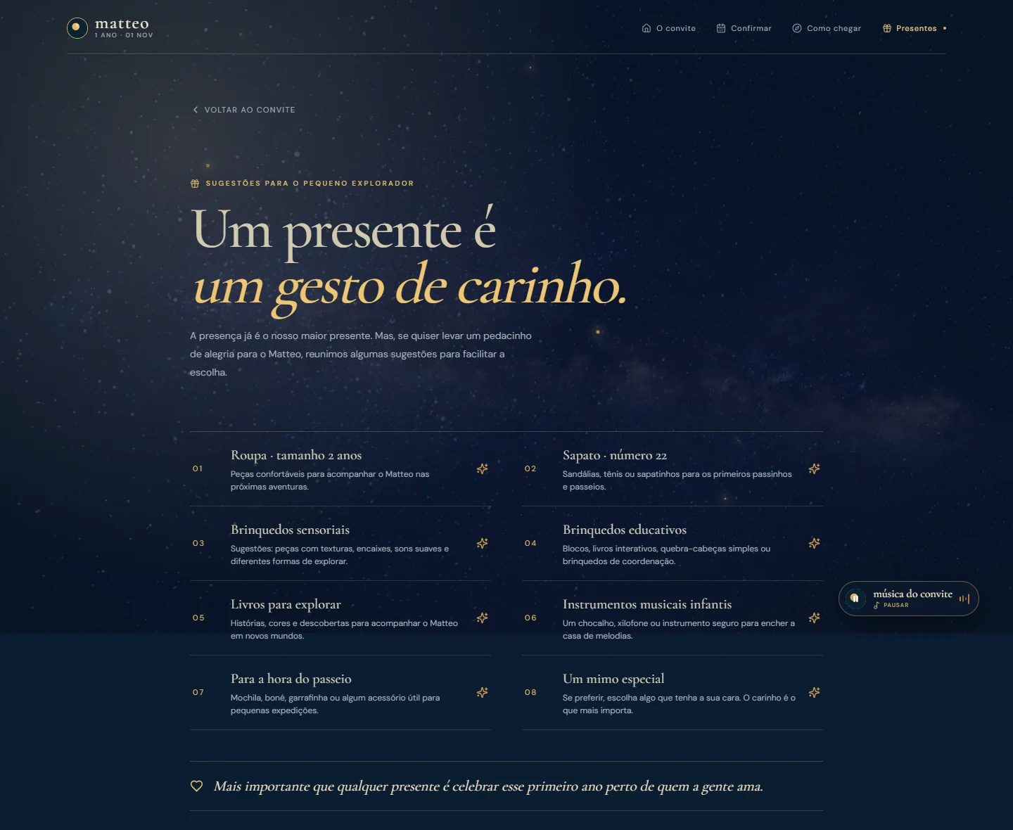 A página de presentes: título, texto introdutório e a lista completa de sugestões.