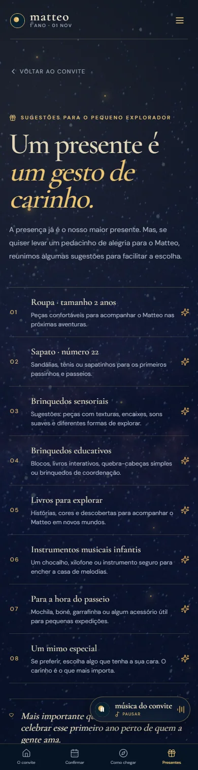 A página de presentes no celular, com a lista de sugestões e a barra de navegação inferior fixa.