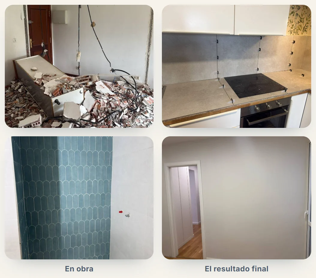 Quatro fotos em sequência: entulho de uma demolição, uma cozinha com placa de indução, um banho azulejado com a legenda En obra e um cômodo pintado com a legenda El resultado final.