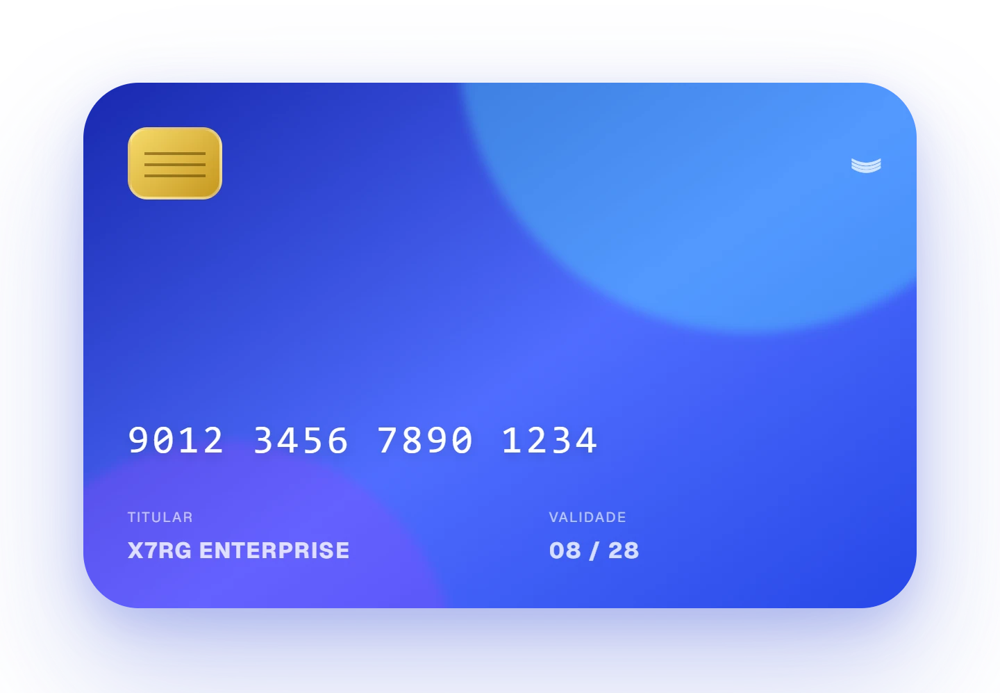 O cartão do protótipo, azul e sem bandeira, com o número 9012 3456 7890 1234, o titular X7RG ENTERPRISE e a validade 08 / 28.
