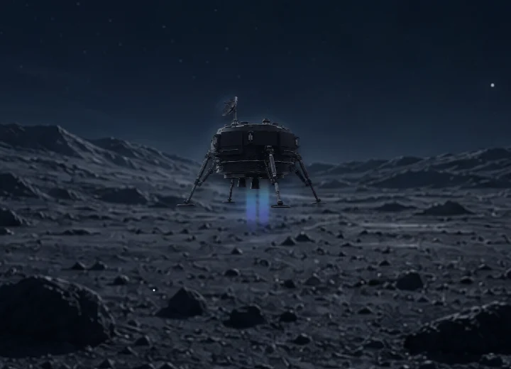 A nave desce com os dois propulsores acesos, ainda alta sobre o solo lunar.