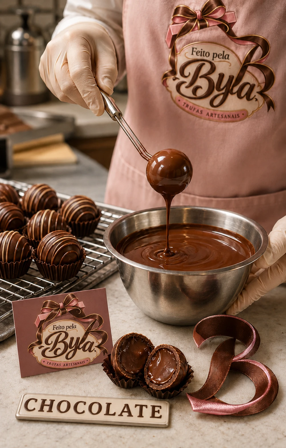 Visual de produto do sabor Chocolate, criado com IA: mãos com luvas mergulham uma trufa em chocolate derretido, com o avental da marca ao fundo.