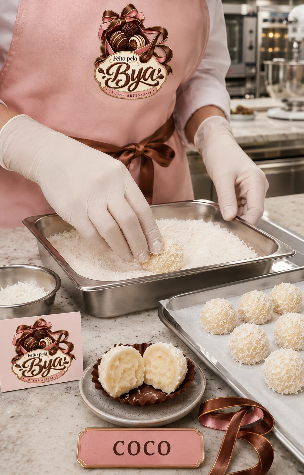 Visual de produto do sabor Coco, criado com IA: mãos com luvas passam uma trufa em coco ralado, com a placa COCO e uma fita em B na bancada.