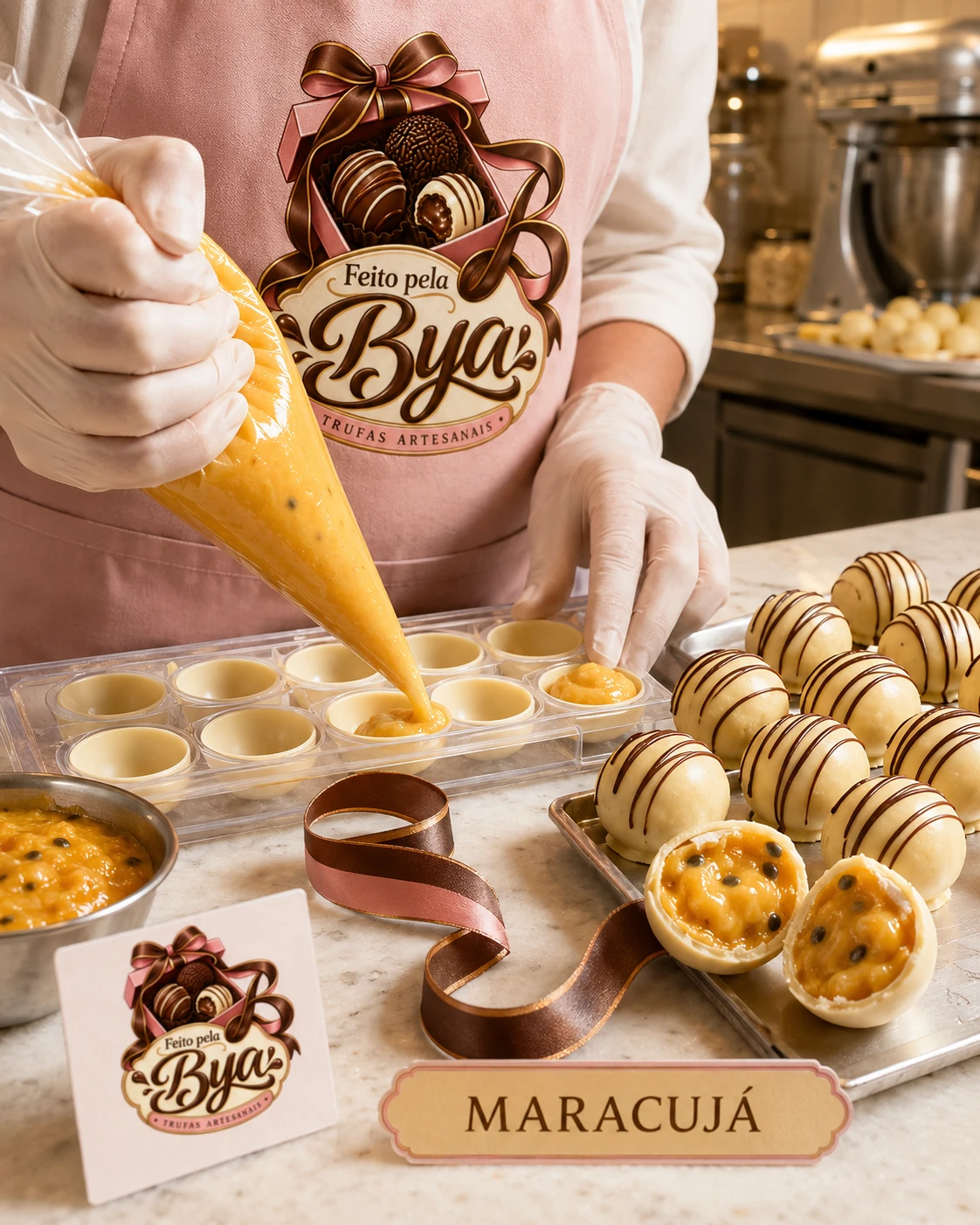Visual de produto do sabor Maracujá, criado com IA: mãos com luvas recheiam cascas de trufa com creme de maracujá, ao lado da placa MARACUJÁ e do cartão da marca.