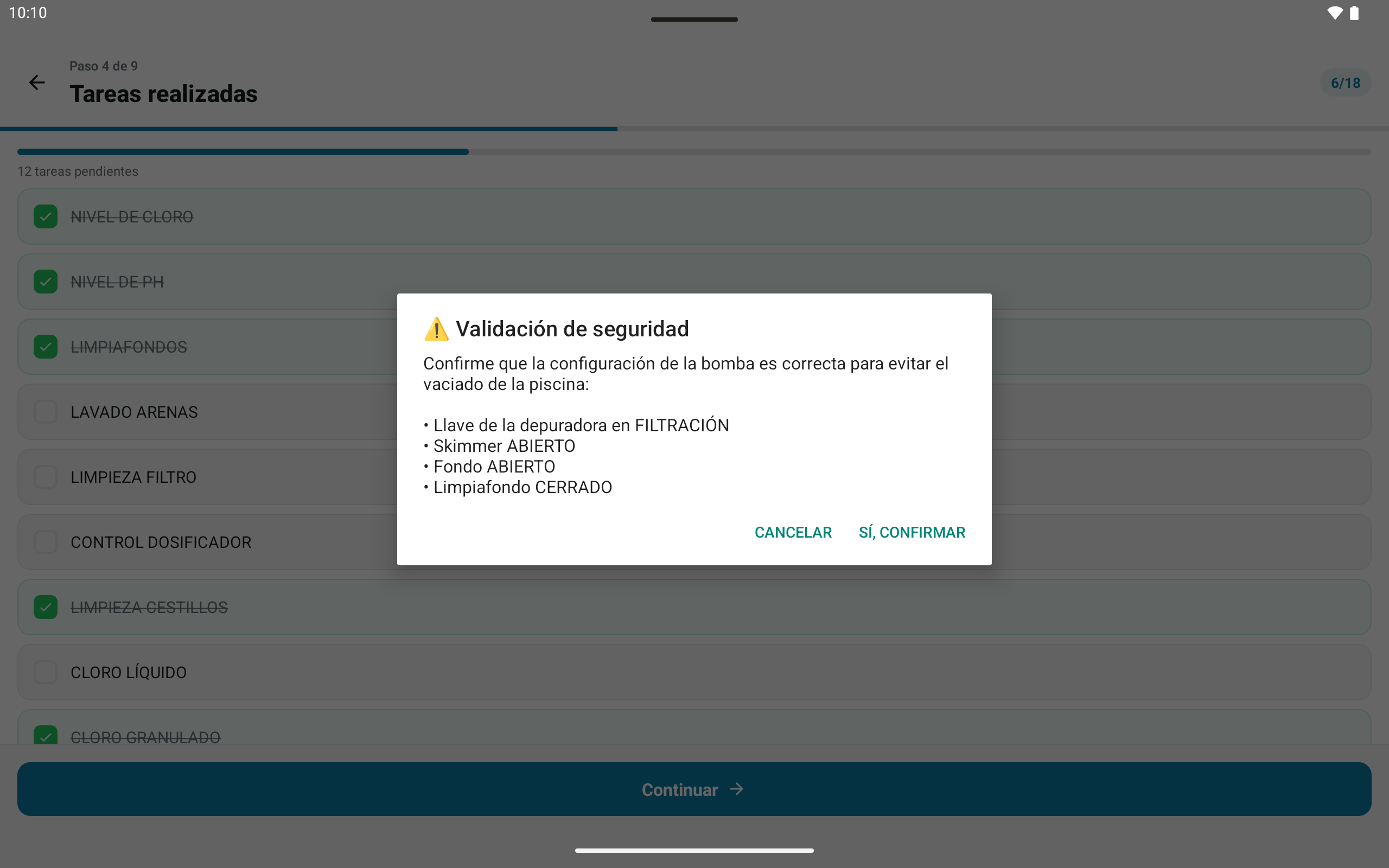 O diálogo de validação de segurança que o app abre durante as tarefas.