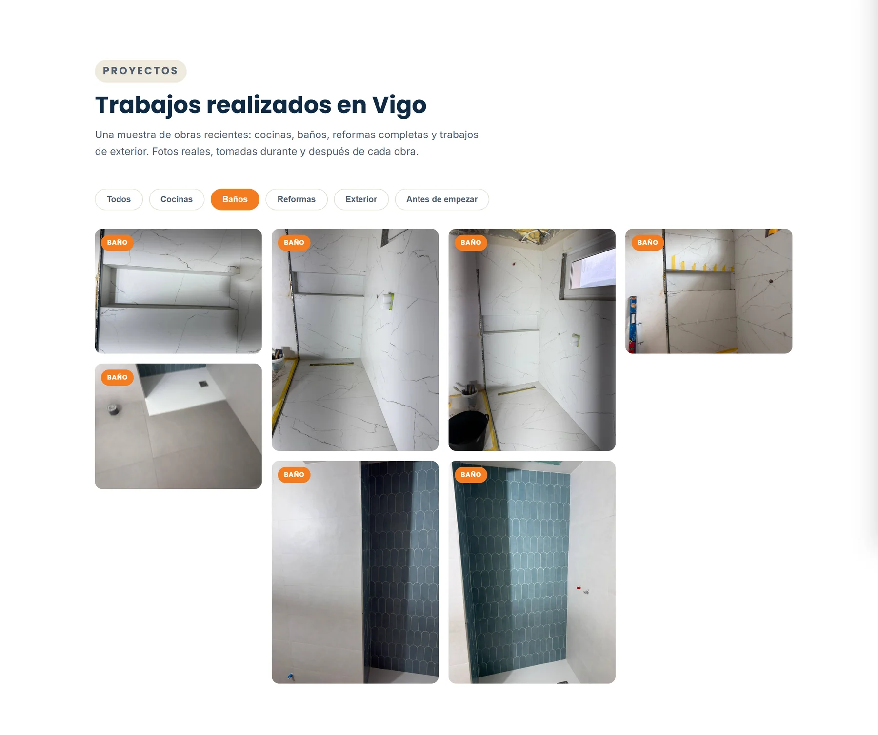A galeria filtrada em Baños: sete fotos de obras de banho em grade, cada uma com a etiqueta Baño.