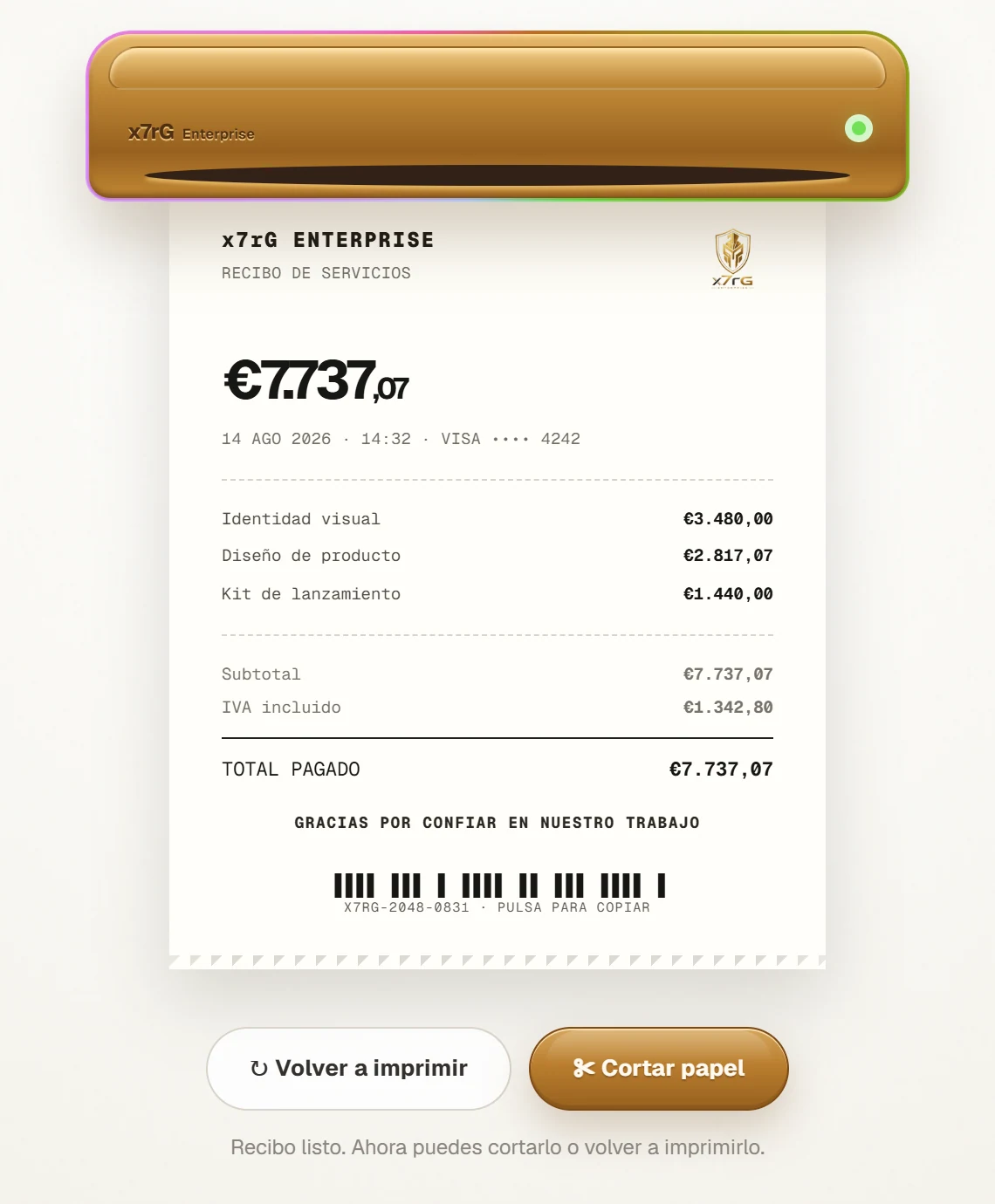 A impressora térmica dourada, com o recibo já impresso saindo por baixo dela, com valor, itens e código de barras, e os botões Volver a imprimir e Cortar papel.