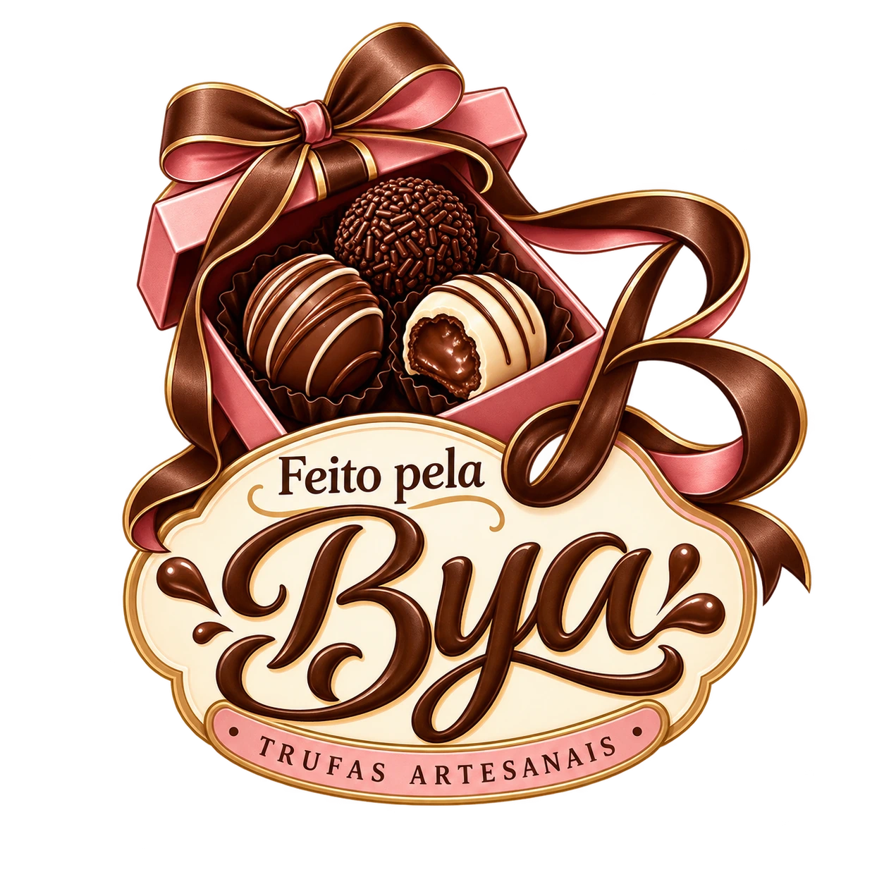 Logo da Feito Pela Bya: uma caixa rosa aberta com trufas, um laço de chocolate e uma fita que se curva formando um B, sobre um selo creme com o lettering em script “Bya”.