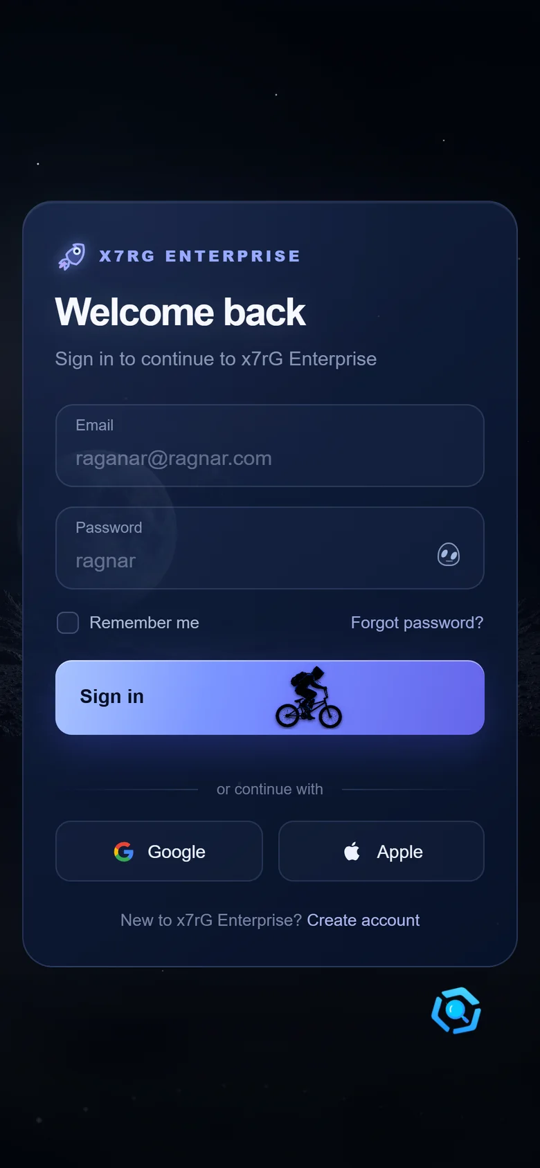 O login no celular: o cartão ocupa a tela, com e-mail, senha e o botão Sign in, sobre um fundo escuro.