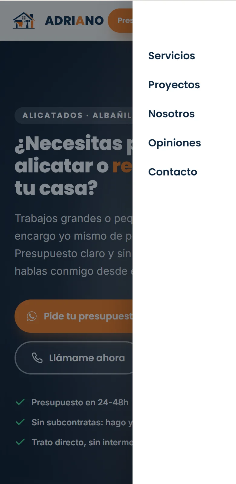 O menu lateral aberto no celular, com Servicios, Proyectos, Nosotros, Opiniones e Contacto.