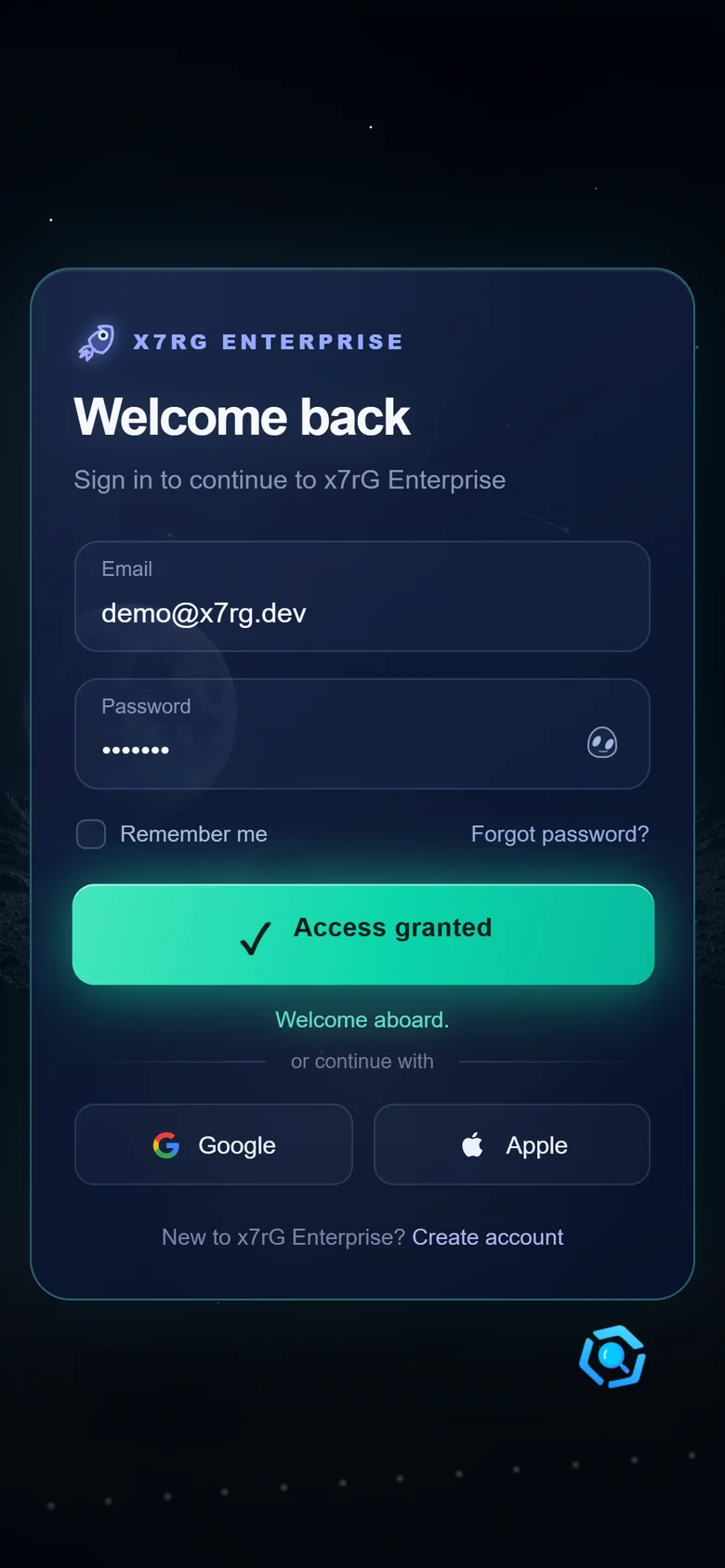 O mesmo cartão no celular, com o botão verde Access granted e a mensagem Welcome aboard.