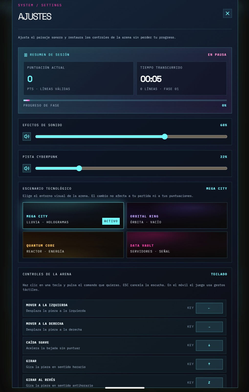 Os quatro cenários visuais do jogo, em cartões coloridos: Mega City, Orbital Ring, Quantum Core e Data Vault.