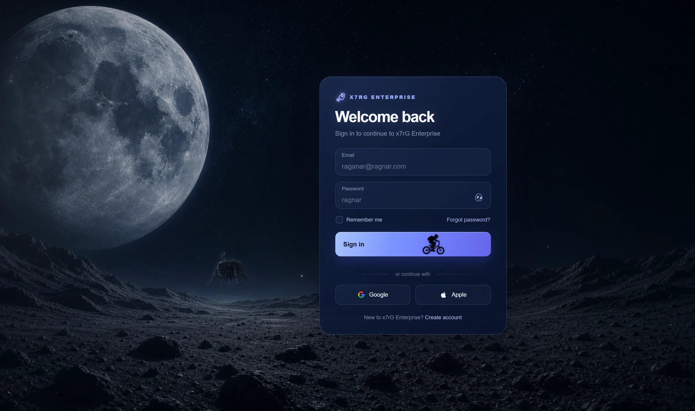 O cenário lunar do projeto: a Lua grande à esquerda, o solo cinzento e, à direita, o cartão de login translúcido com e-mail, senha e o botão Sign in.