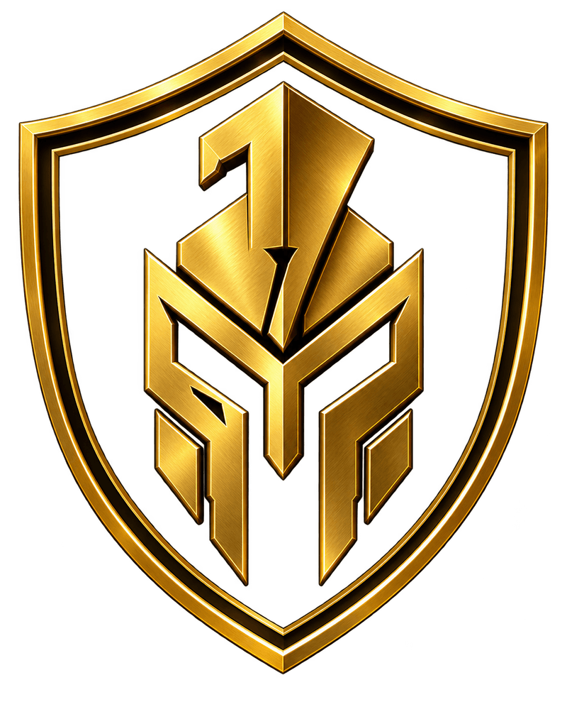 Escudo dourado da identidade atual da x7rG ENTERPRISE, com um capacete estilizado formado pelas iniciais x, 7 e rG